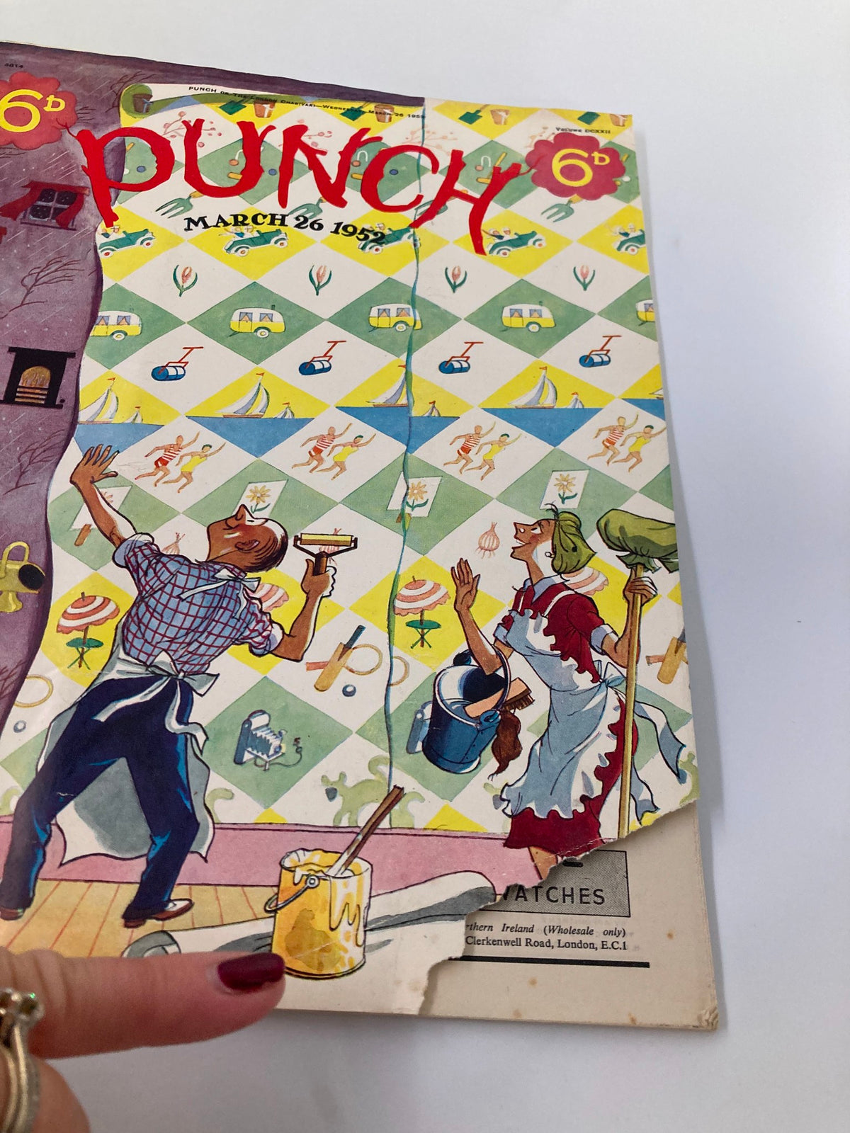 Close-up of the VTG Punch Magazine cover from March 26, 1952, showing cartoon characters joyfully painting a wall with vibrant patterns.