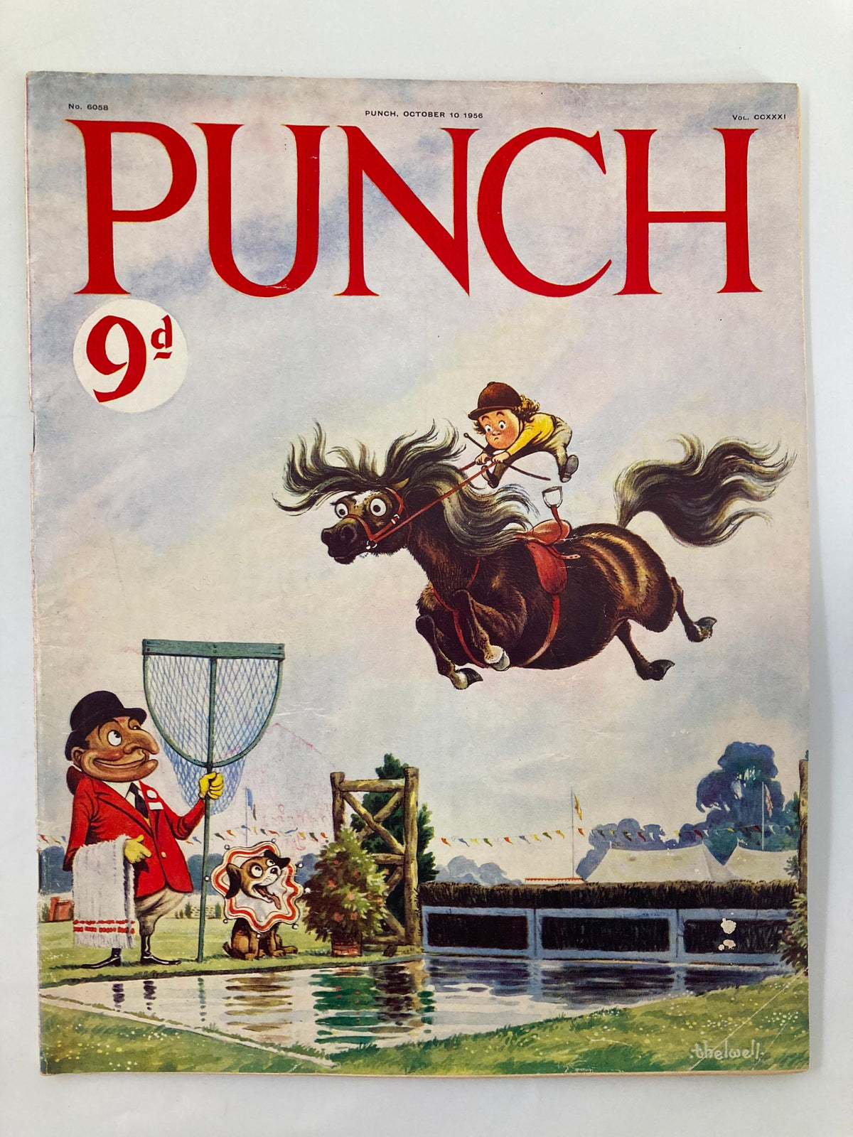 Cover of VTG Punch Magazine from October 10, 1956, featuring a humorous illustration with a boy riding a leaping horse and a character in a suit observing, showcasing vintage WWII cartoon and humor themes.