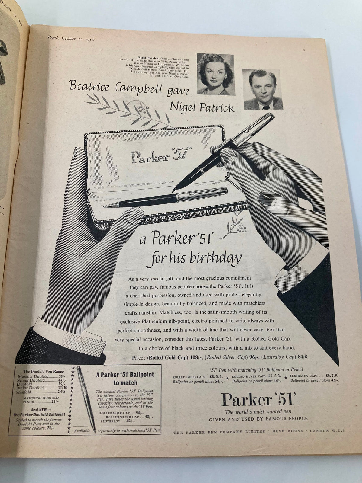 Vintage Punch Magazine October 10, 1956 featuring an advertisement for Parker 51 writing instruments, showcasing a man's hands holding a pen and a gift box, highlighting the historical significance of WWII-era humor.