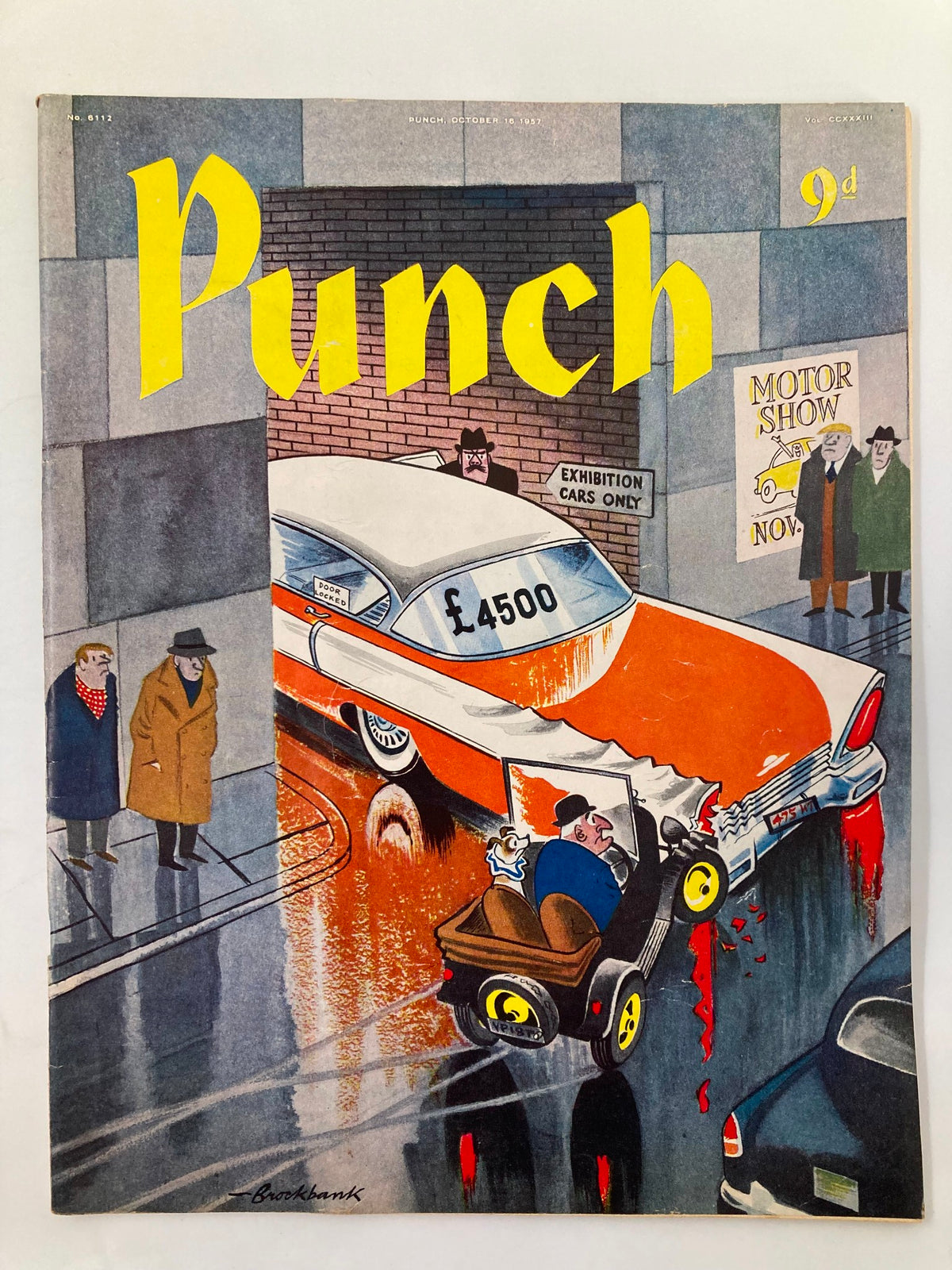 Vintage Punch Magazine October 16 1957 cover featuring a humorous cartoon of a car and people in a city setting, showcasing post-WWII British humor.