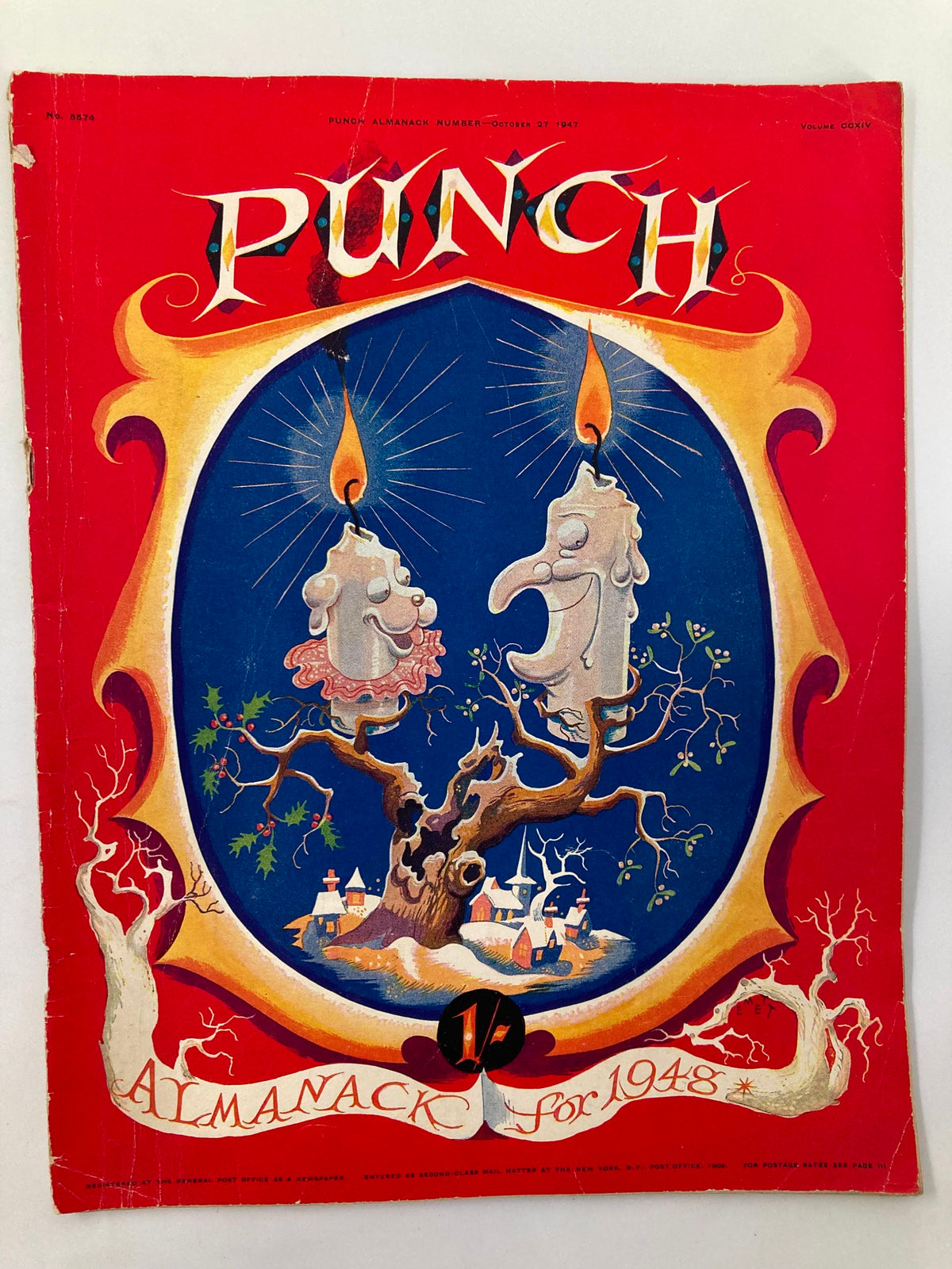 Cover of VTG Punch Magazine from October 27, 1947, titled 'Almanack for 1948', featuring colorful artwork with candles and a whimsical tree.