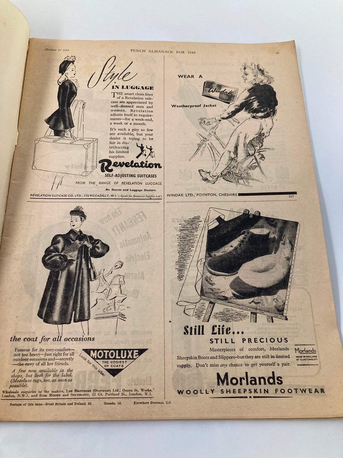 Interior page of VTG Punch Magazine from October 27, 1947, titled 'Almanack for 1948', showcasing vintage advertisements and stylized graphics.