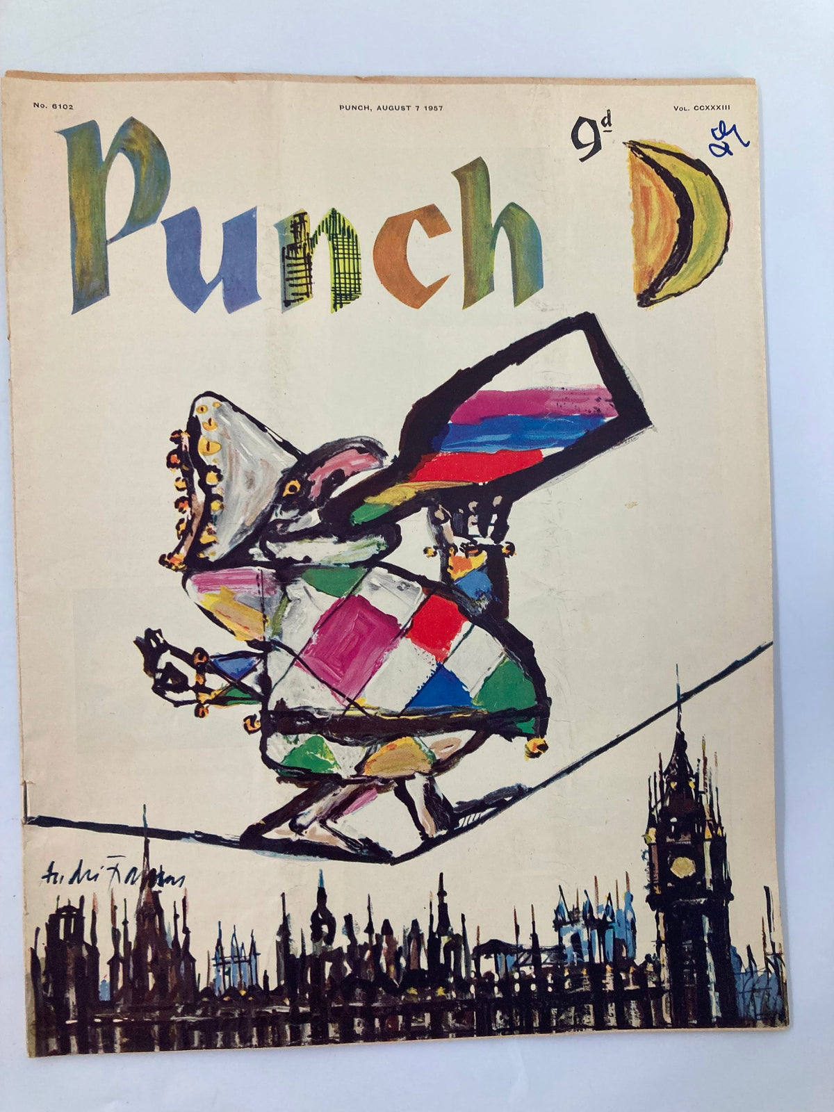Cover of VTG Punch Magazine August 7 1957 featuring colorful artwork and humorous illustrations reflecting wartime culture.