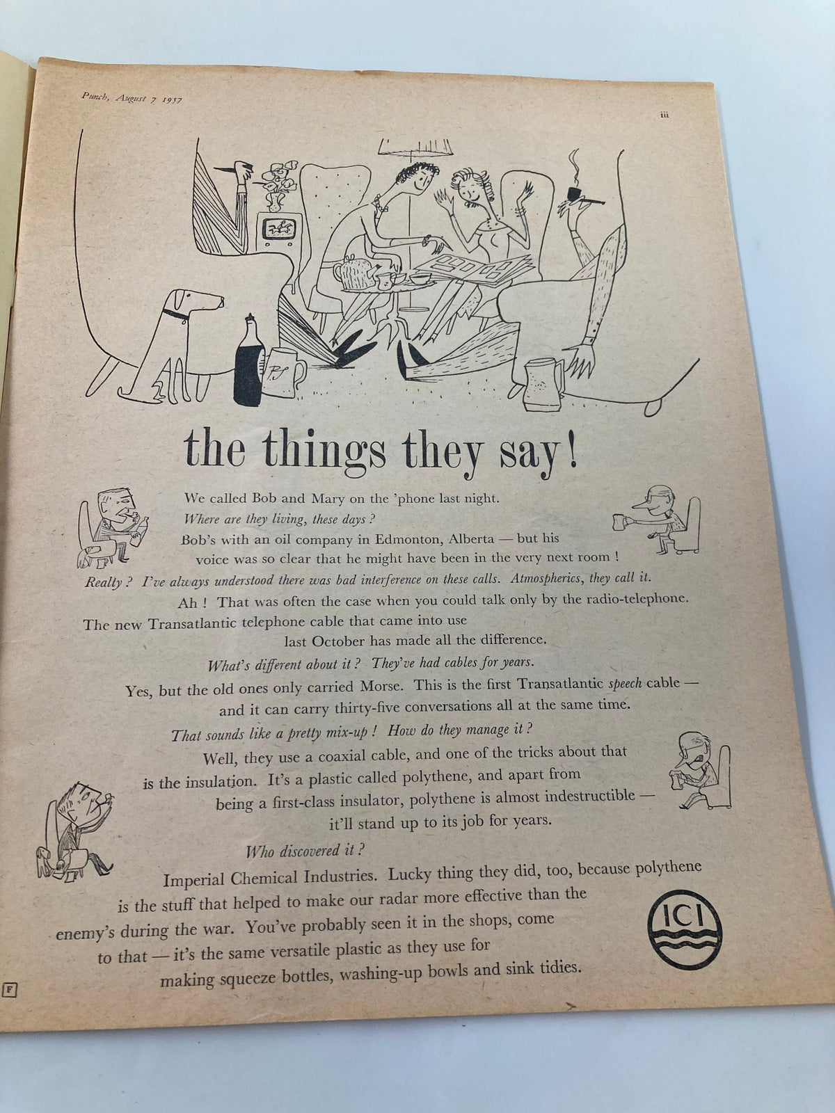 Interior page of VTG Punch Magazine August 7 1957 displaying a humorous cartoon discussing the advancements in communication technology.