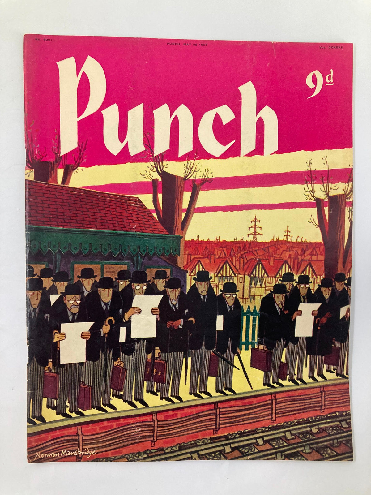 Cover of VTG Punch Magazine May 22 1957 showcasing vibrant artwork and an illustration of men in formal attire reading papers, capturing the essence of post-WWII humor and satire.