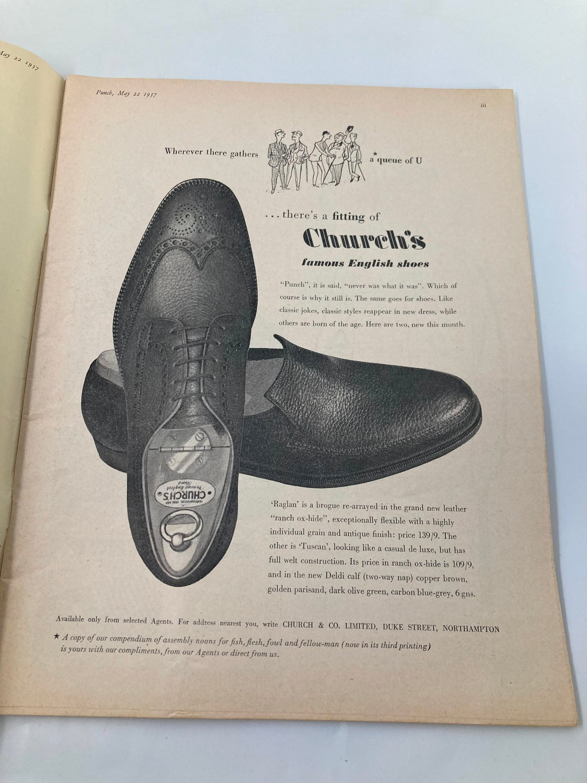 Interior page from VTG Punch Magazine May 22 1957 featuring an advertisement for Church's famous English shoes, emphasizing classic style with a photograph of a black brogue shoe.