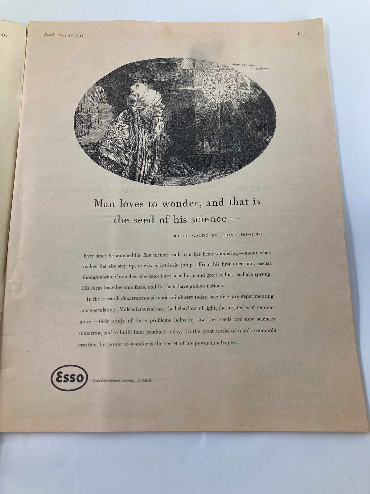 An interior page from VTG Punch Magazine May 18 1955, featuring a quote by Ralph Waldo Emerson on the nature of wonder and science, surrounded by an artistic illustration.
