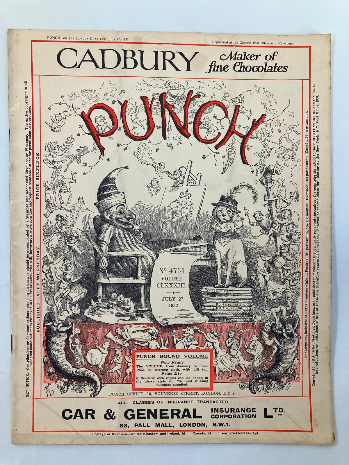 Cover of VTG Punch Magazine July 7 1932 #4751 Vol 183 featuring World War II themed cartoons and humor, illustrating the cultural landscape of the early 1930s.