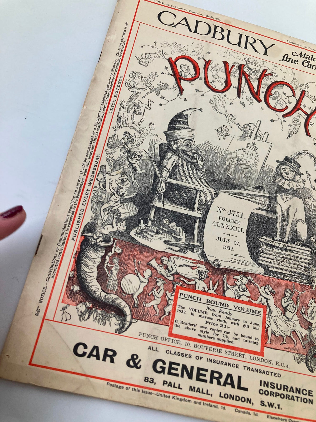 Close-up of the cover of VTG Punch Magazine July 7 1932 #4751 Vol 183, showcasing detailed illustrations and humorous elements from the era.