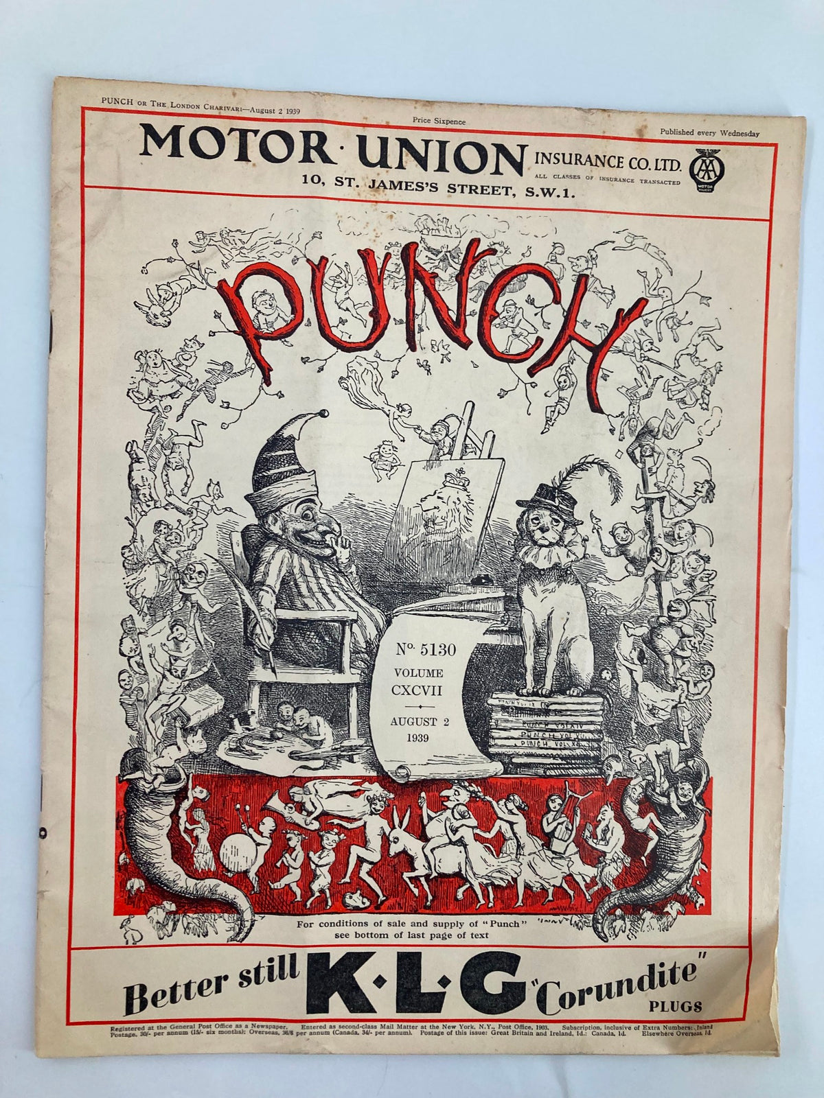 VTG Punch Magazine August 2 1939, volume 197, issue number 5130, featuring colorful cartoons and humor related to WWII from the original cover.
