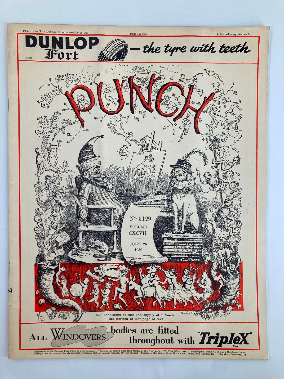 Vintage Punch Magazine July 26 1939 #5129 Vol 197 cover, featuring humorous illustrations and cartoons from the WWII era.