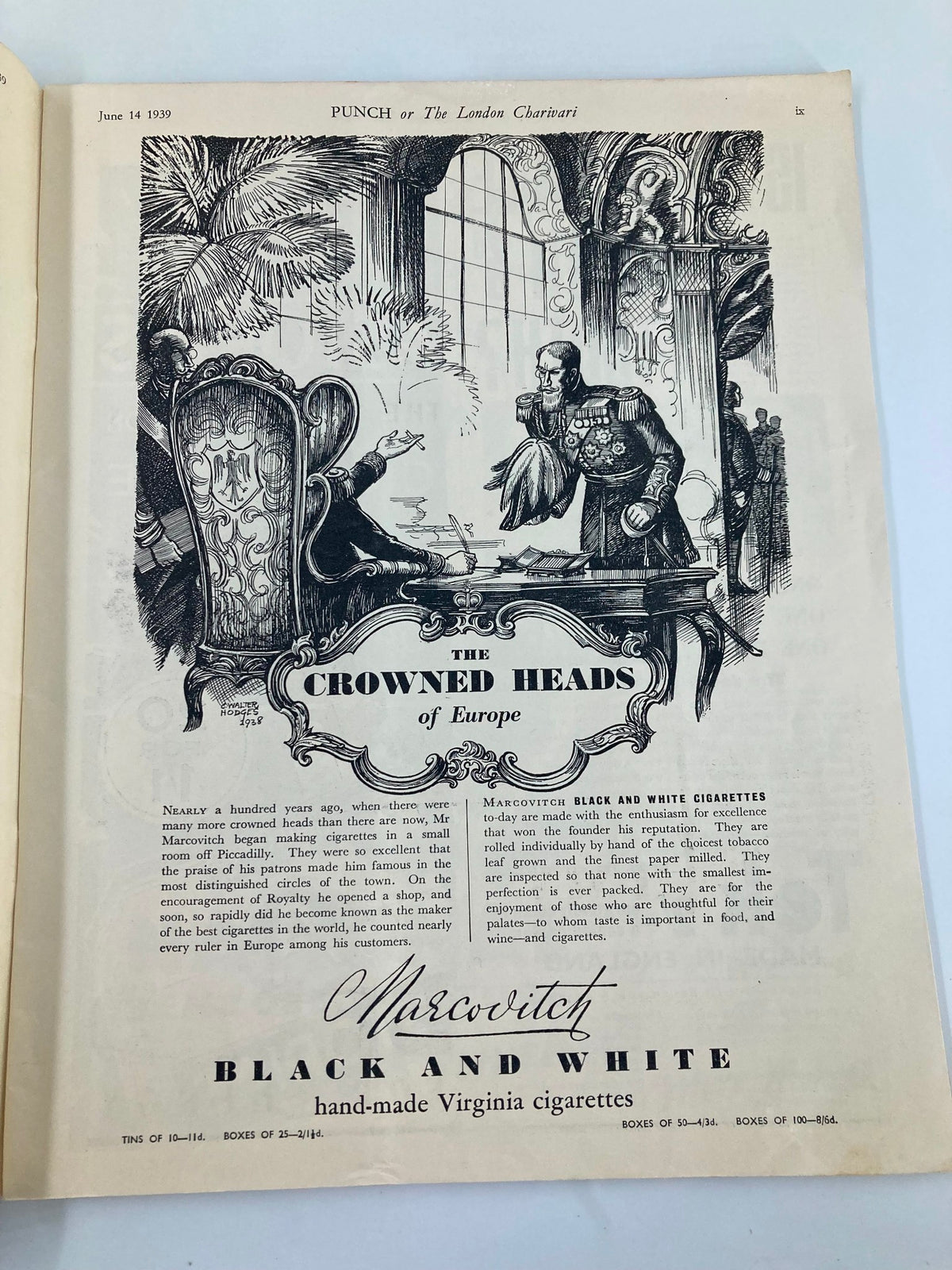 Inside page of VTG Punch Magazine June 14 1939, showcasing a satirical illustration titled 'The Crowned Heads of Europe', highlighting the vintage cartoon style.