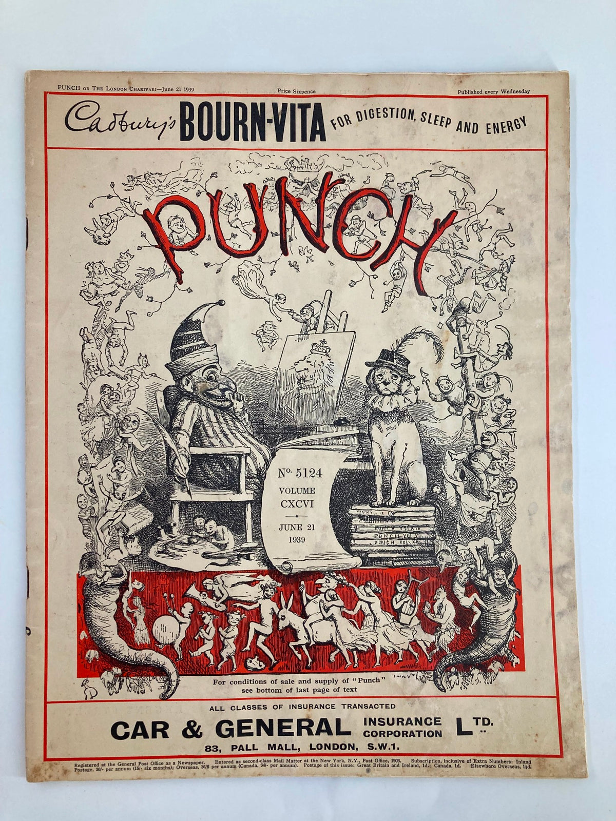 Cover of VTG Punch Magazine June 21 1939 #5124 Vol 196 showcasing vibrant illustrations and humorous content related to World War II.