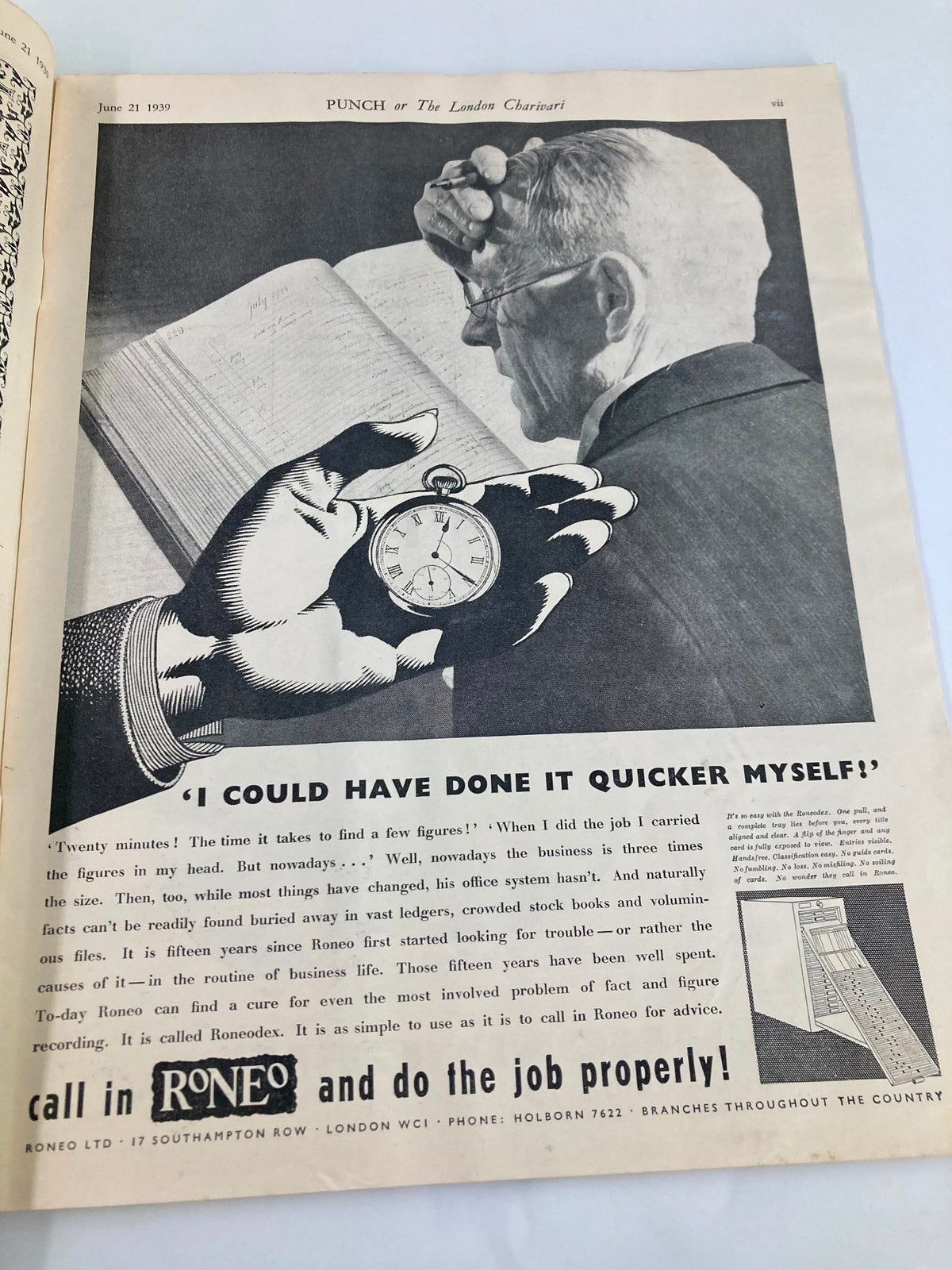 Illustration from VTG Punch Magazine June 21 1939 #5124 Vol 196 showing a man in deep thought while looking at a notebook, accompanied by a humorous commentary on time management and business efficiency, illustrating the magazine's blend of WWII-era humor and satire.