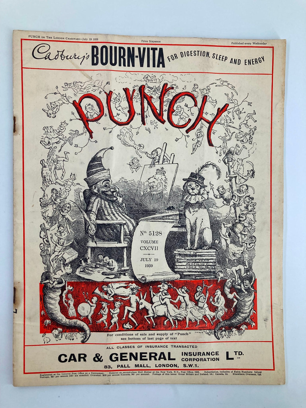 Cover of VTG Punch Magazine July 19 1939 #5128 Vol 197 showcasing wartime humor with illustrations and cartoons.