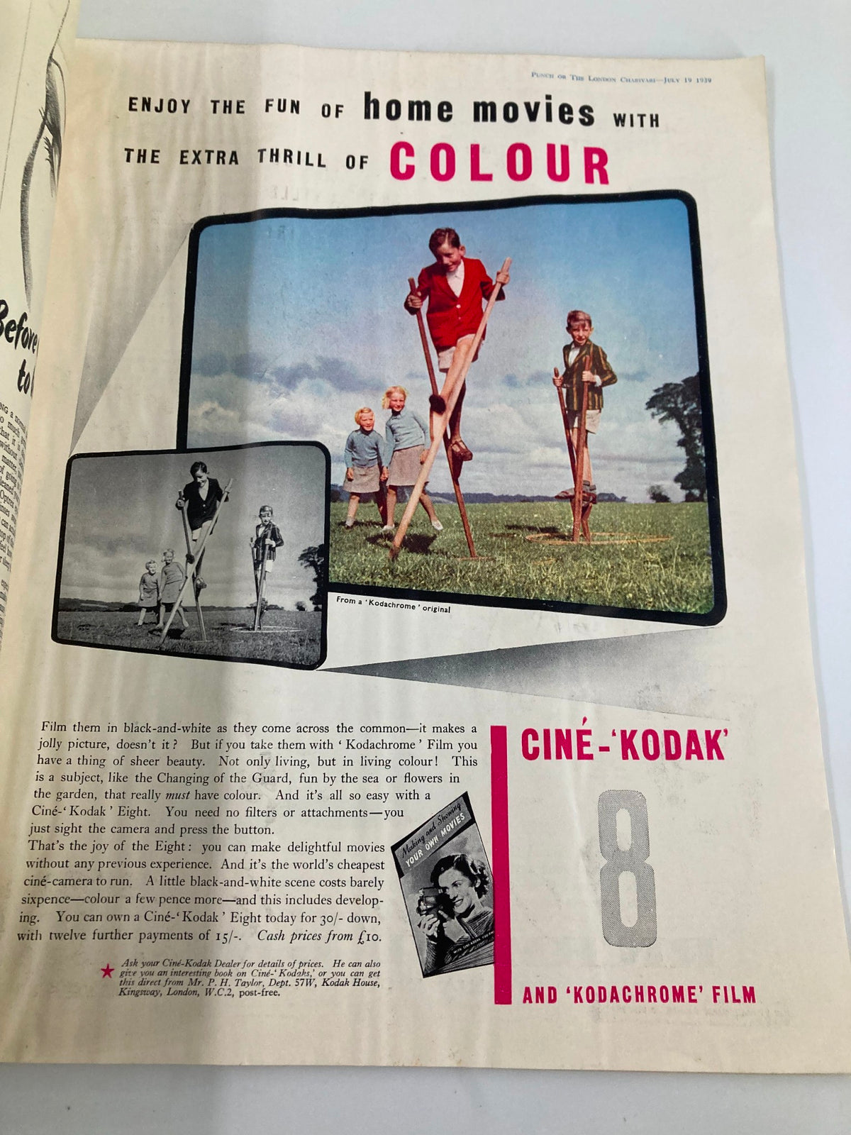 Interior page from VTG Punch Magazine July 19 1939 #5128 featuring a colorful advertisement for home movies with children using stilts.