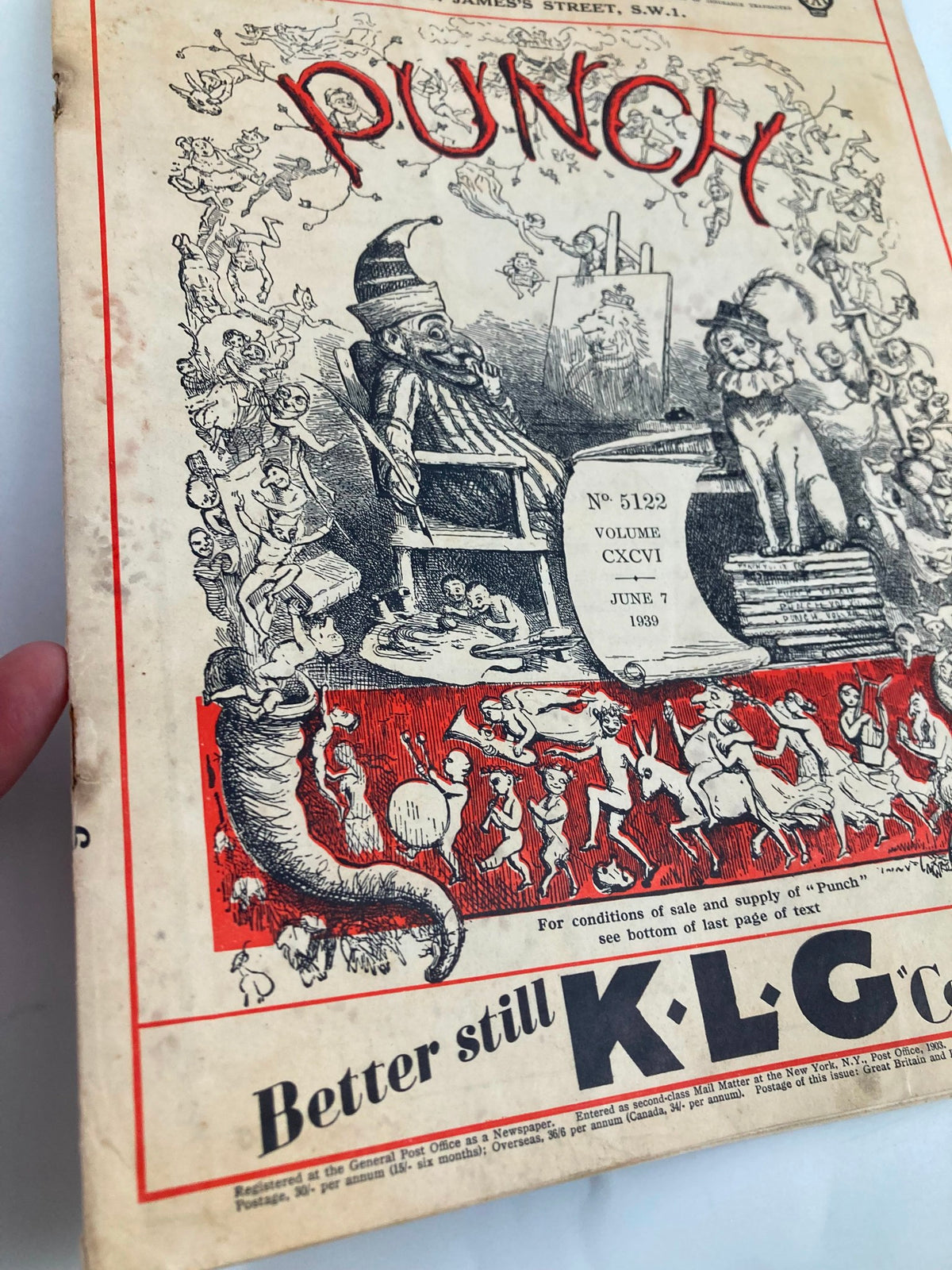 Cover of VTG Punch Magazine June 7 1939 #5122 featuring humorous illustrations and cartoons relating to World War II, showcasing the magazine's title prominently.