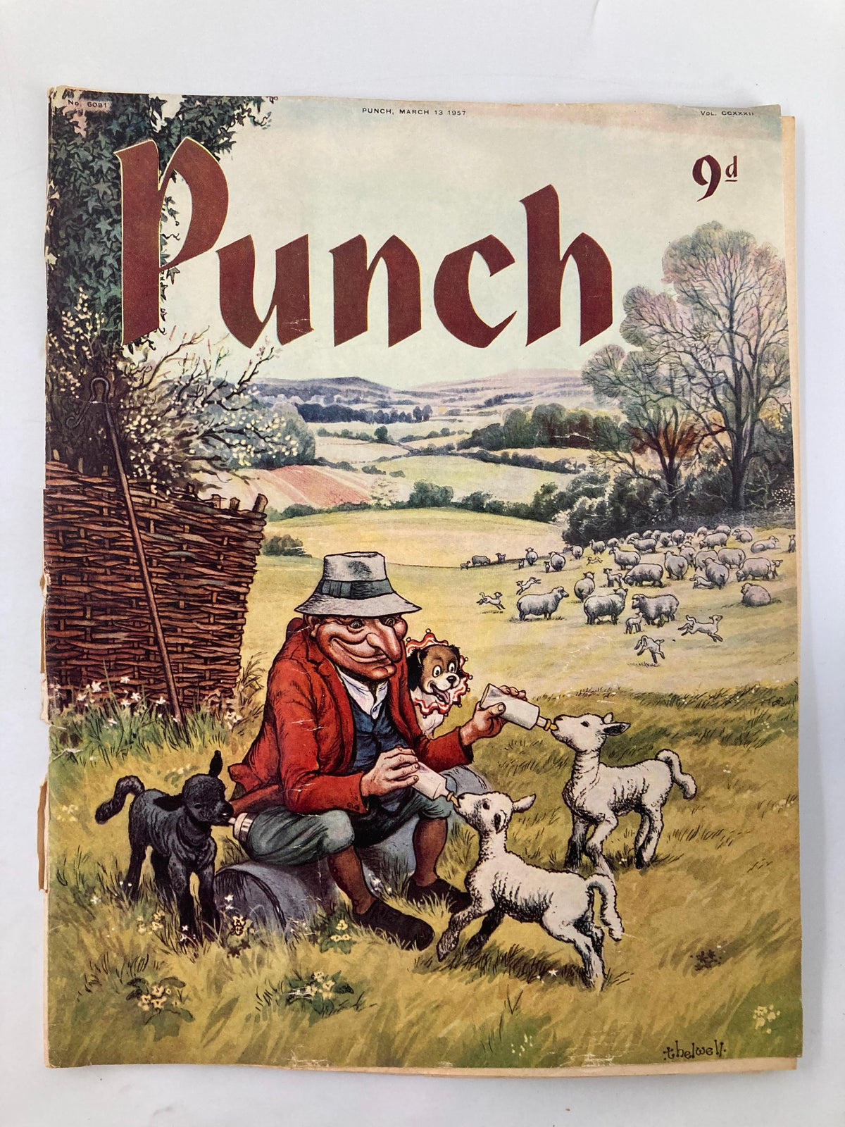 Cover of VTG Punch Magazine dated March 13, 1957 featuring a whimsical illustration of a farmer bottle-feeding lambs with sheep in the background, representing WWII cartoon and humor themes.