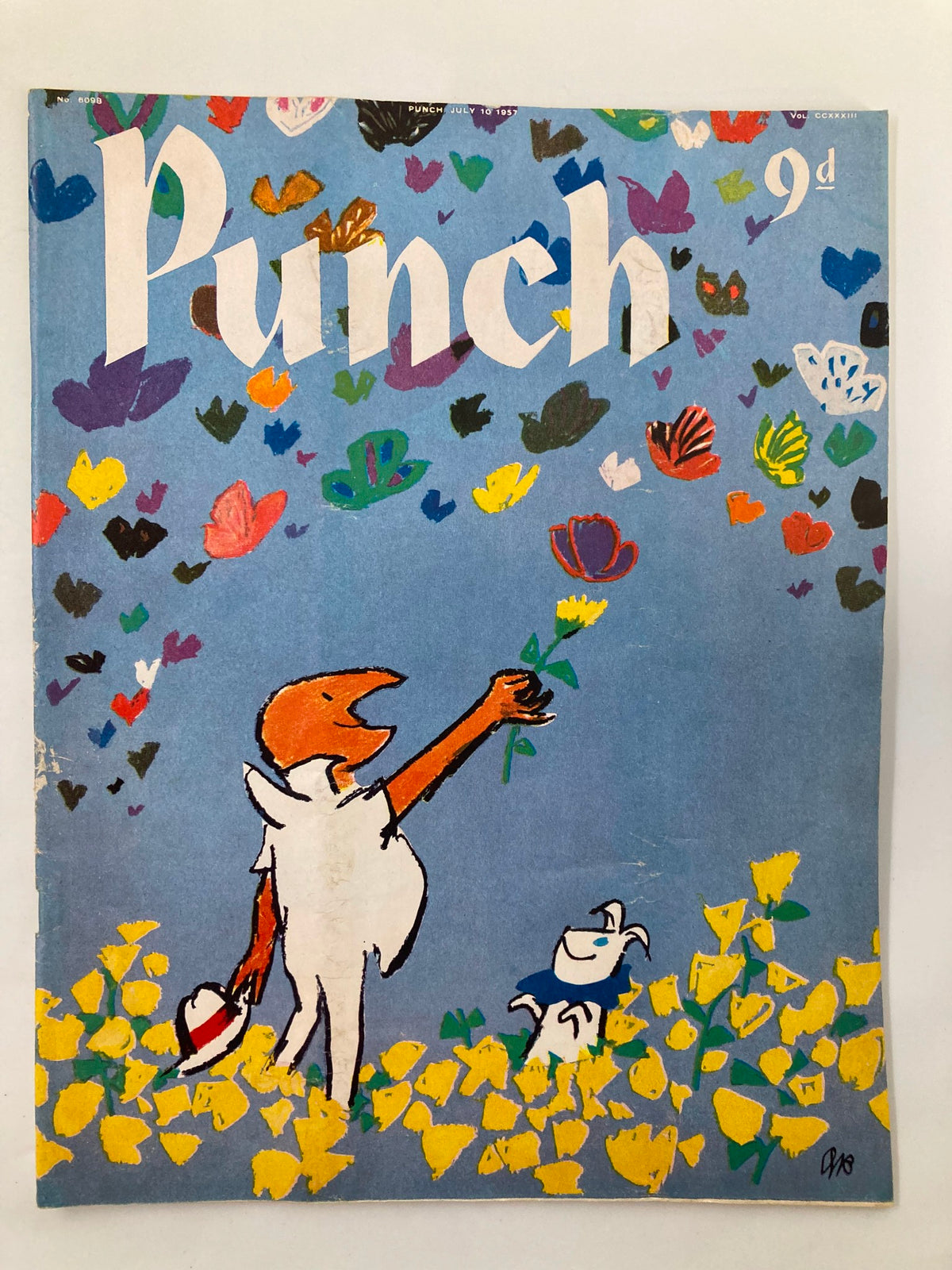 Cover of VTG Punch Magazine July 10 1957 featuring colorful butterflies and whimsical illustrations, showcasing the blend of humor and artistry from the 1950s.