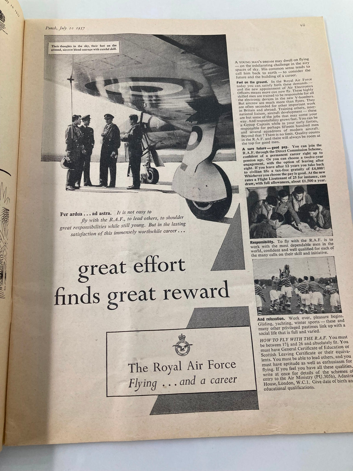 Interior page of VTG Punch Magazine July 10 1957 displaying a vintage advertisement for the Royal Air Force, emphasizing the importance of great effort for great rewards.