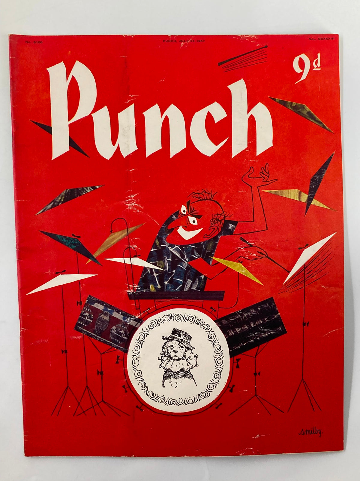 VTG Punch Magazine July 24 1957 cover featuring a colorful illustration of a drummer, highlighting WWII-era humor and artistry with bold typography.