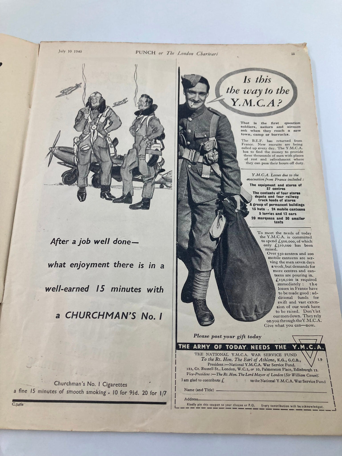 Interior page of Vintage Punch Magazine July 10, 1940, Issue #5181 featuring illustrations of soldiers, depicting wartime humor and commentary.
