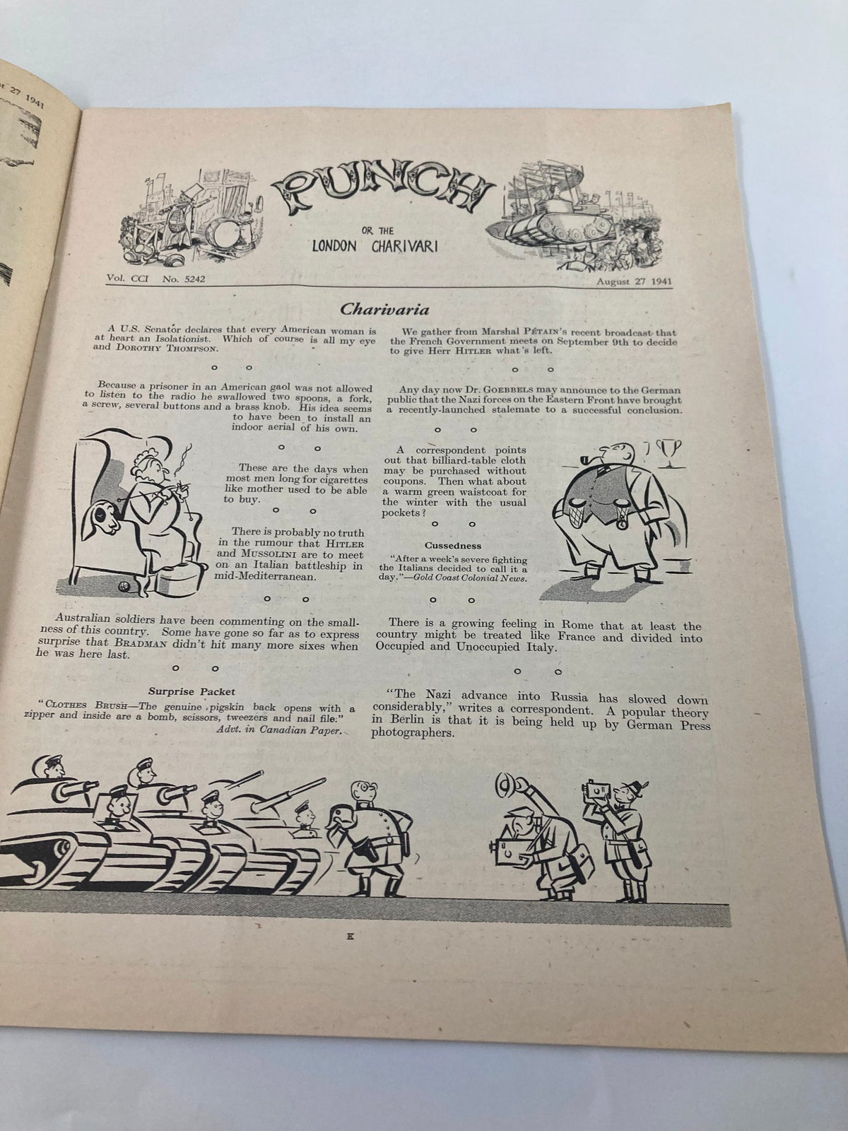 Interior page of VTG Punch Magazine from August 27, 1941, featuring articles and cartoons that reflect the societal attitudes during World War II.