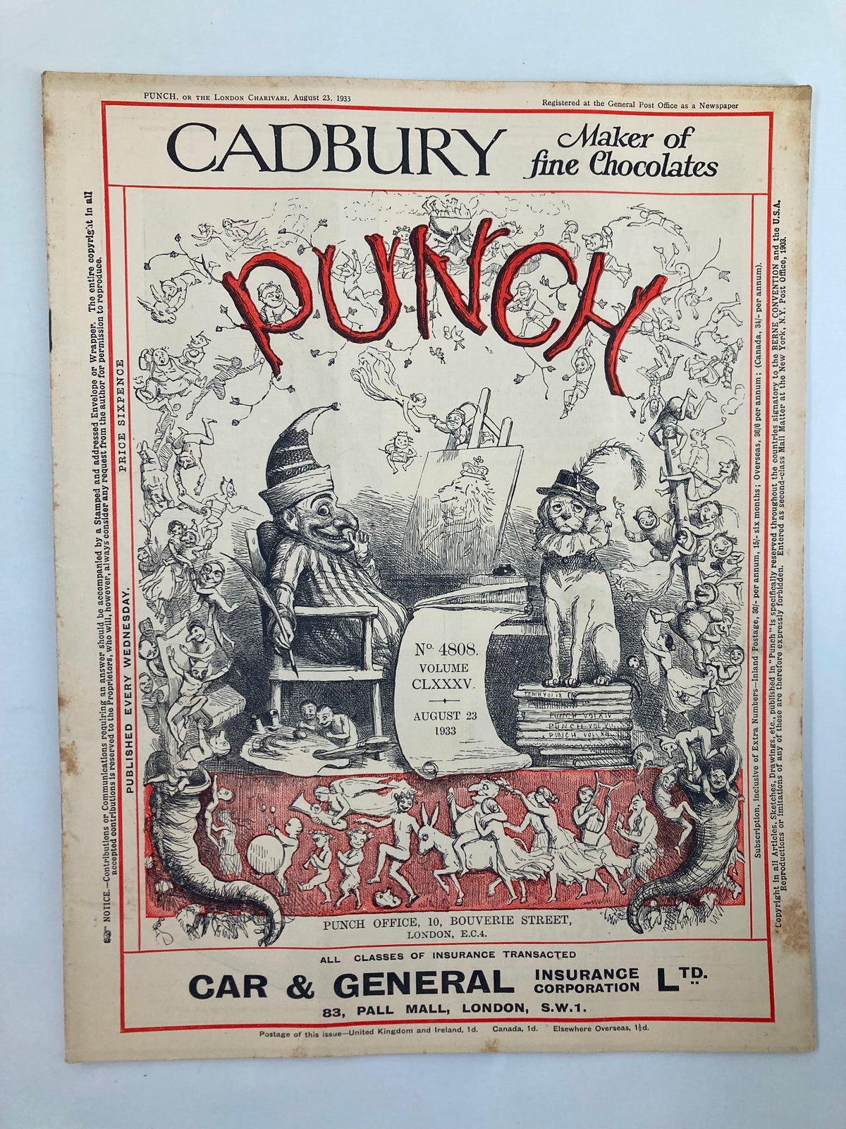 Vintage Punch Magazine cover from August 23, 1933, issue #4808, showcasing detailed black and white illustrations and humorous cartoon art, highlighting the magazine's focus on WWII era humor.