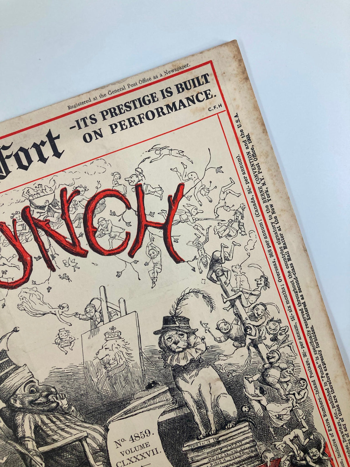 Close-up view of the cover of VTG Punch Magazine August 1 1934 #4859 Vol 187, highlighting the magazine title 'Punch' adorned with playful illustrations reflecting 1930s satire and humor.