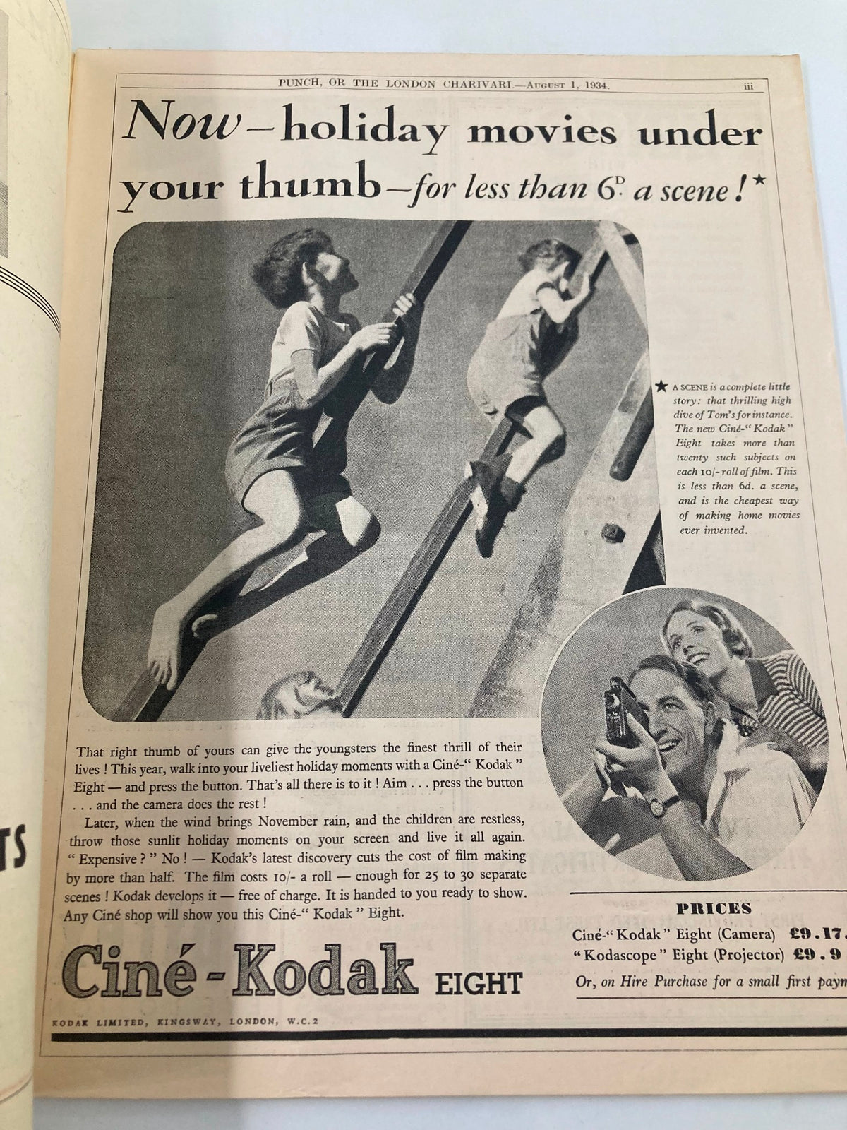 Interior page of VTG Punch Magazine August 1 1934 #4859 Vol 187, promoting Cine-Kodak Eight, with an advertisement showcasing holiday movie capturing, depicting children on a climbing apparatus and a family enjoying film moments.