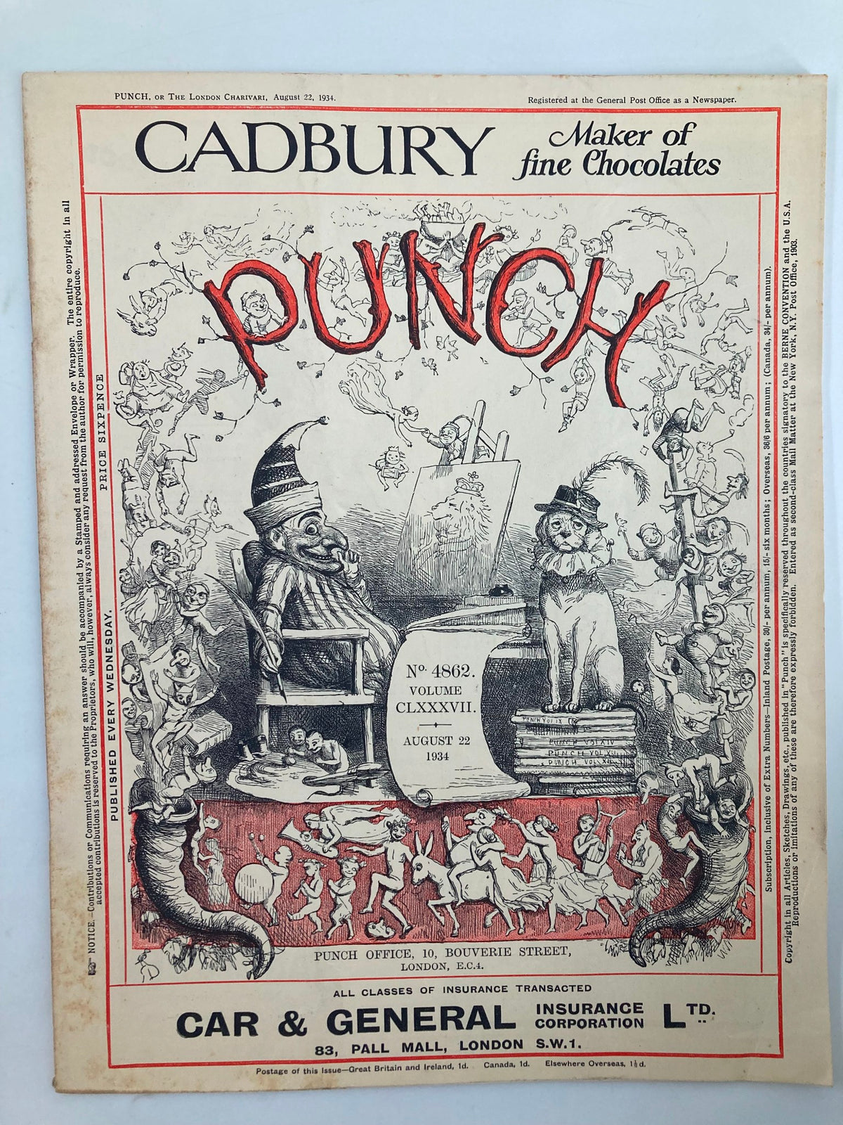 VTG Punch Magazine August 22 1934 #4862 Vol 187 featuring a whimsical illustrated cover with humorous characters and a playful cat image, reflecting the vintage charm of the World War II era.