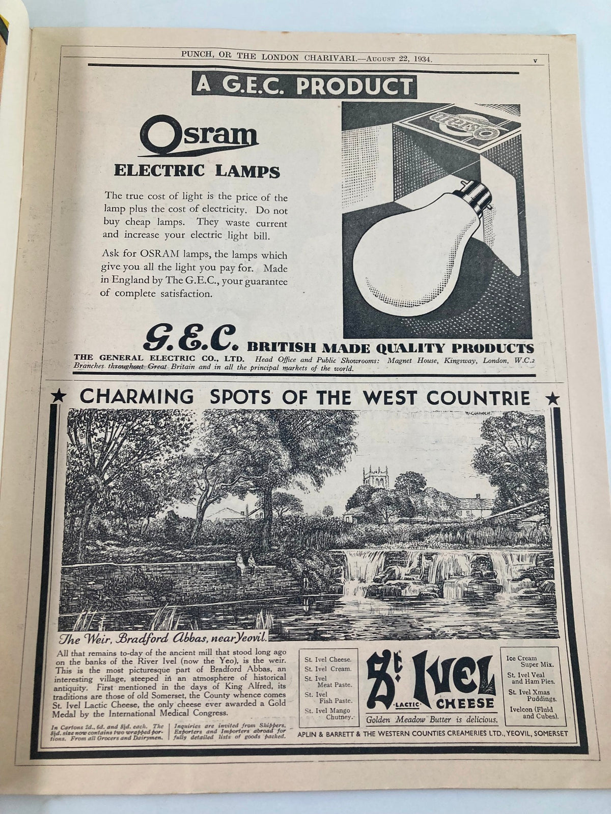 A vintage advertisement from the VTG Punch Magazine dated August 22, 1934, showcasing Osram Electric Lamps. The ad emphasizes the importance of quality lamps and includes an illustration of a light bulb, highlighting the manufacturer's commitment to energy efficiency and satisfaction. This publication serves as a historical glimpse into 1930s advertising and product offerings.