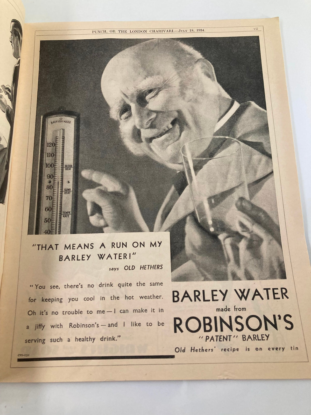 Interior page of VTG Punch Magazine July 18 1934 showcasing an advertisement for Robinson's Barley Water with a humorous illustration.