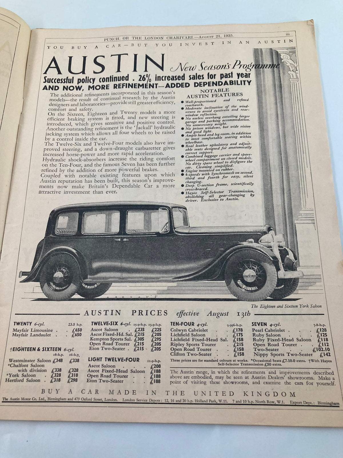 Vintage Punch Magazine - August 21 1934 featuring an advertisement for Austin cars, showcasing a classic vehicle and detailing pricing information, highlighting the brand's reputation for dependability and refinement.