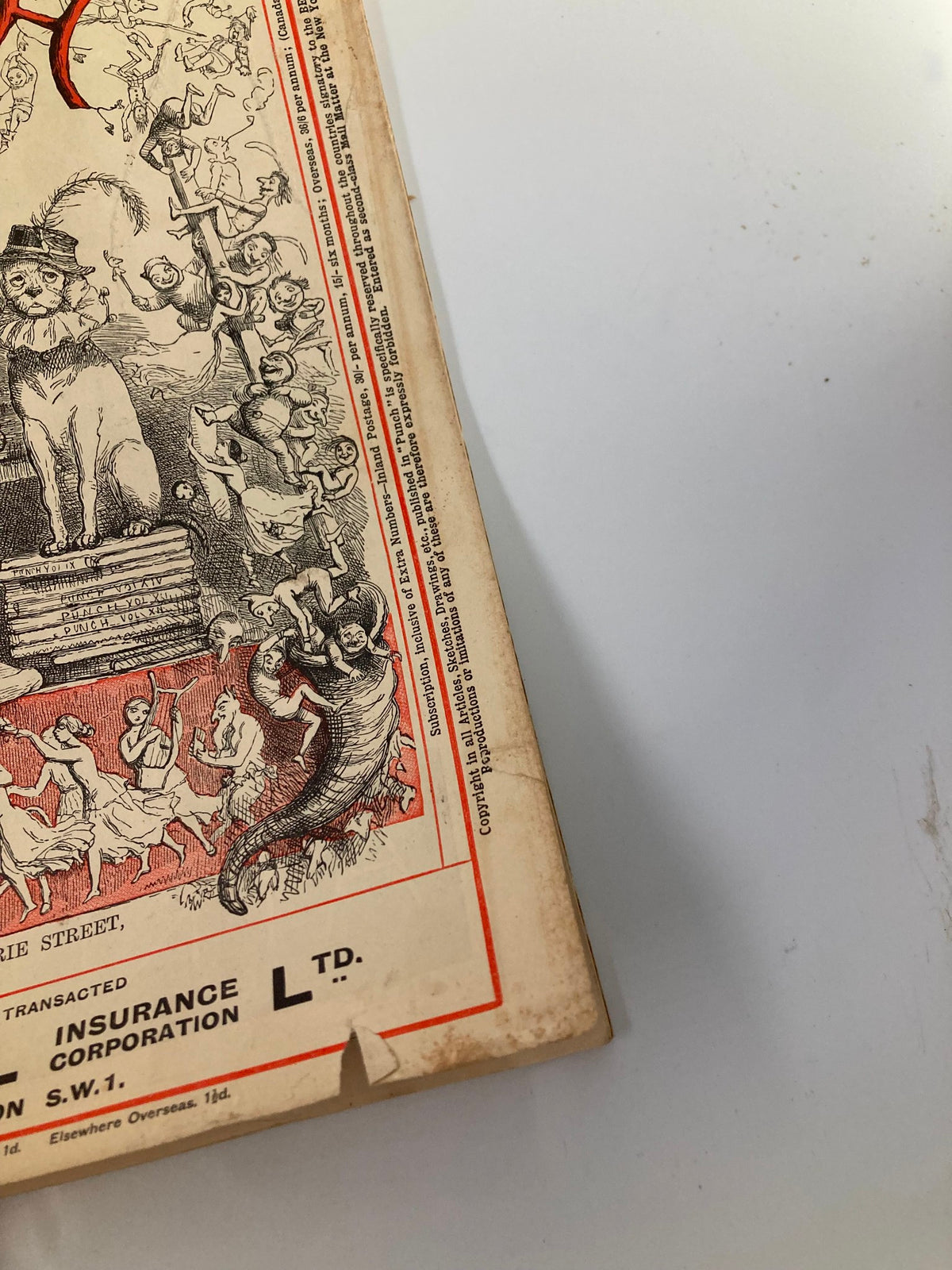 Side view of the cover of VTG Punch Magazine May 29, 1935, issue #4903, highlighting details like the title and historical advertisement, with visible wear reflecting its vintage status.