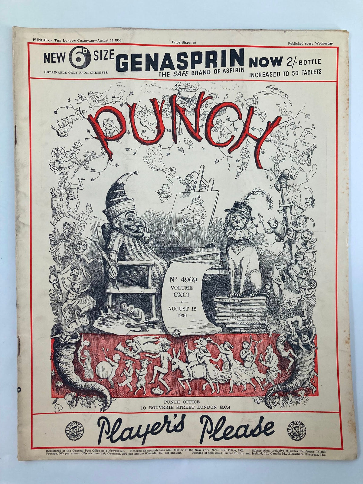 Cover of the VTG Punch Magazine from August 12, 1936, featuring humorous illustrations and bold title. This vintage issue, designated as #4968 in Volume 191, showcases WWII-era cartoons.