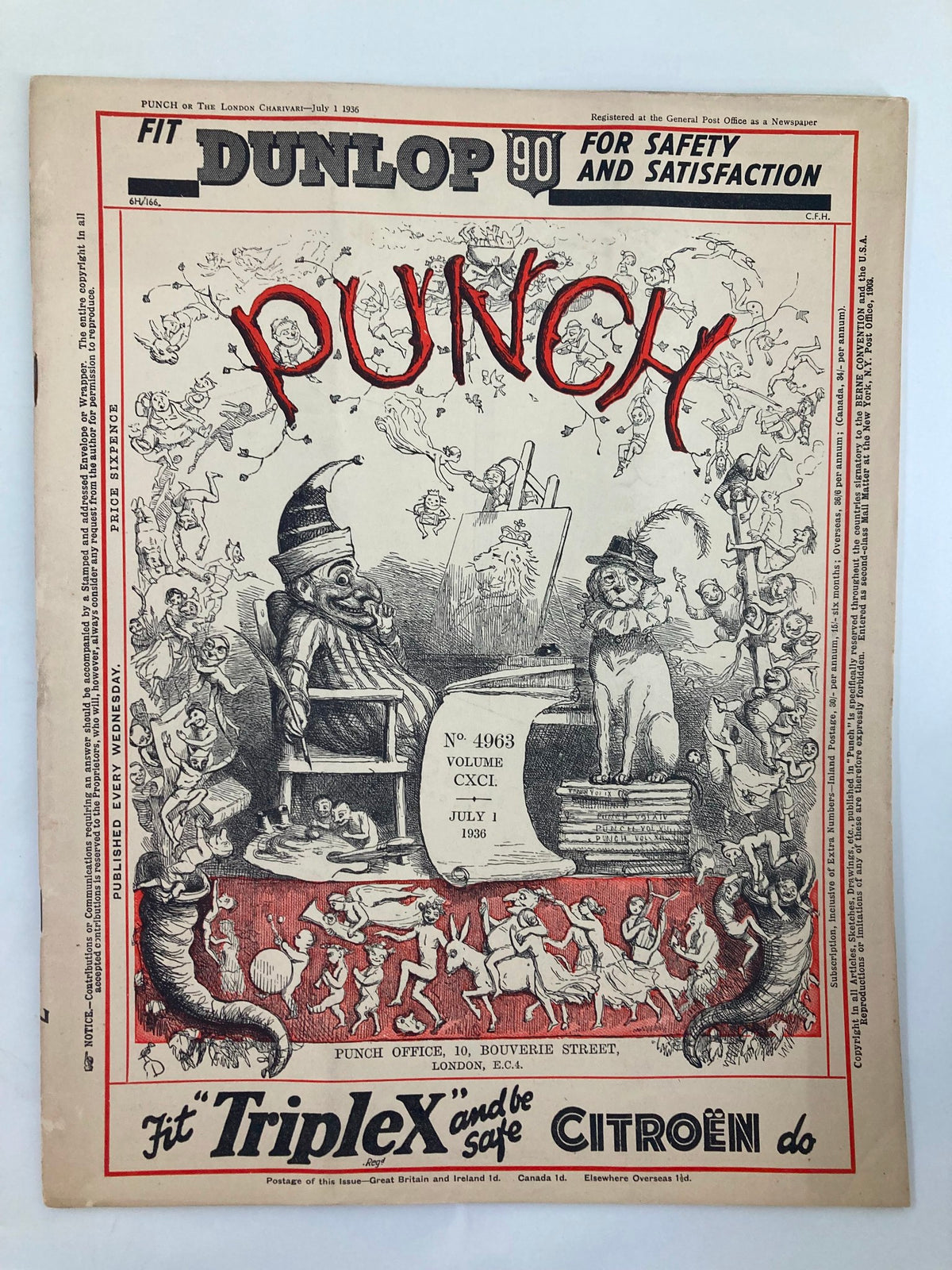 Cover of VTG Punch Magazine July 1 1936 #4963 Vol 191 featuring humorous illustrations and title 'PUNCH', showcasing the whimsical spirit of WWII cartoons and humor.