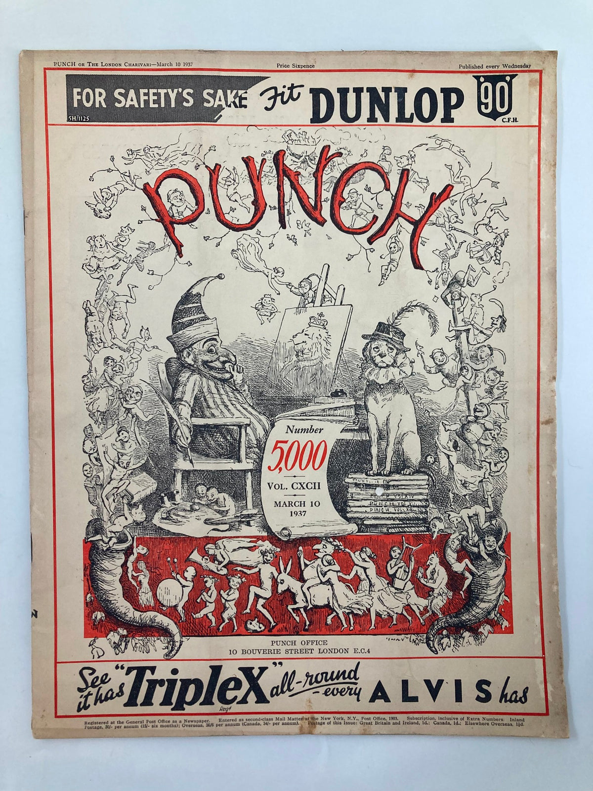 Vintage Punch Magazine cover from March 10, 1937, issue #5000, Volume 192, featuring colorful illustration and humorous title. The cover showcases satirical artwork relating to World War II.