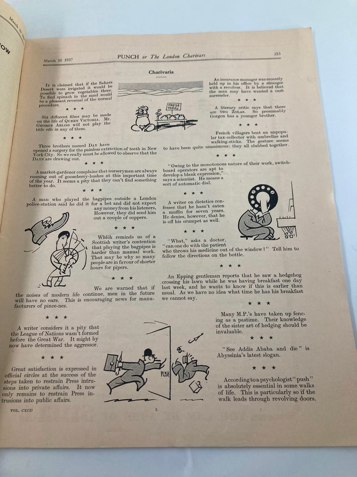 Interior page of Punch Magazine from March 10, 1937, issue #5000, Volume 192, displaying humorous articles and cartoons. The page includes witty comments and illustrations reflecting the era's humor.