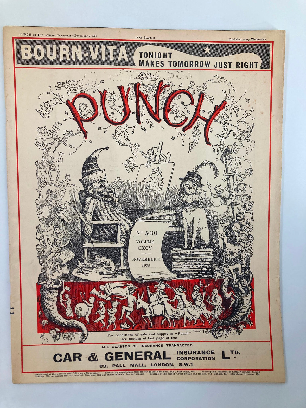Cover of VTG Punch Magazine November 9, 1938, Issue #5091 featuring humorous illustrations and satirical content related to World War II.