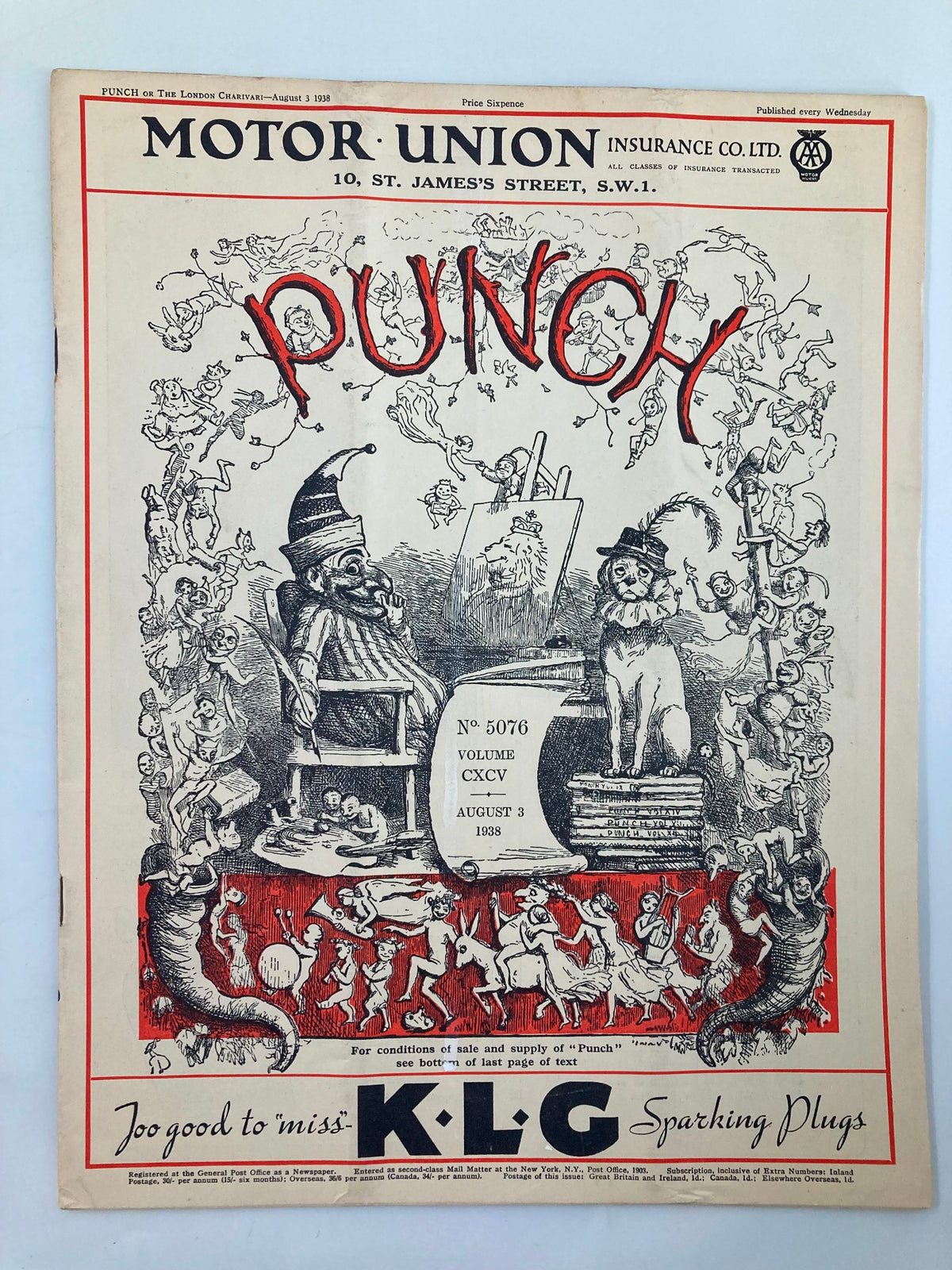 VTG Punch Magazine August 3 1938 #5076 Vol 195 featuring humorous illustrations and cartoons from the era before World War II, showcasing unique vintage artwork and design.