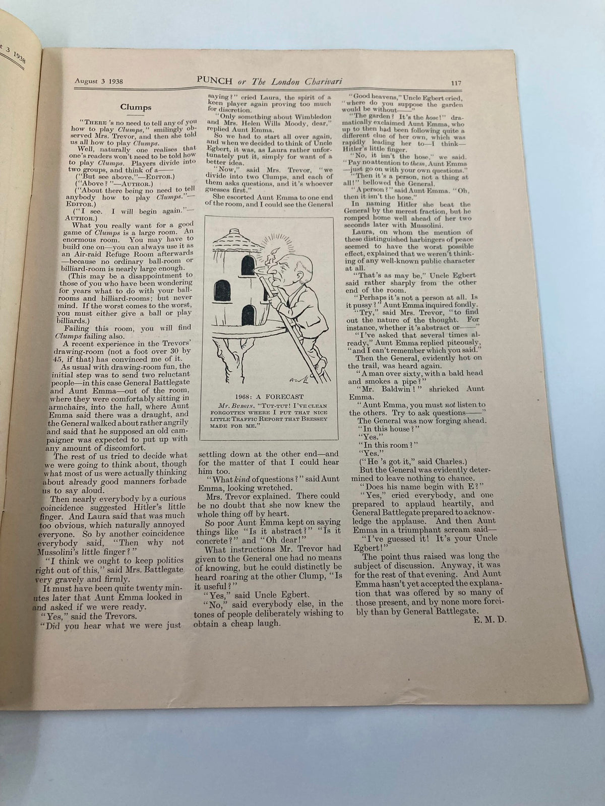 Interior page from VTG Punch Magazine August 3 1938 #5076 Vol 195 featuring a humorous cartoon and text discussing a scenario involving characters like Uncle Egbert and Aunt Emma, highlighting the wit and satire of the era leading up to WWII.