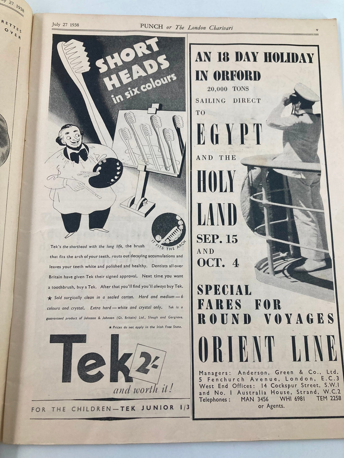 Inside page of VTG Punch Magazine July 27 1938 #5075 featuring an advertisement and humor related to everyday life.