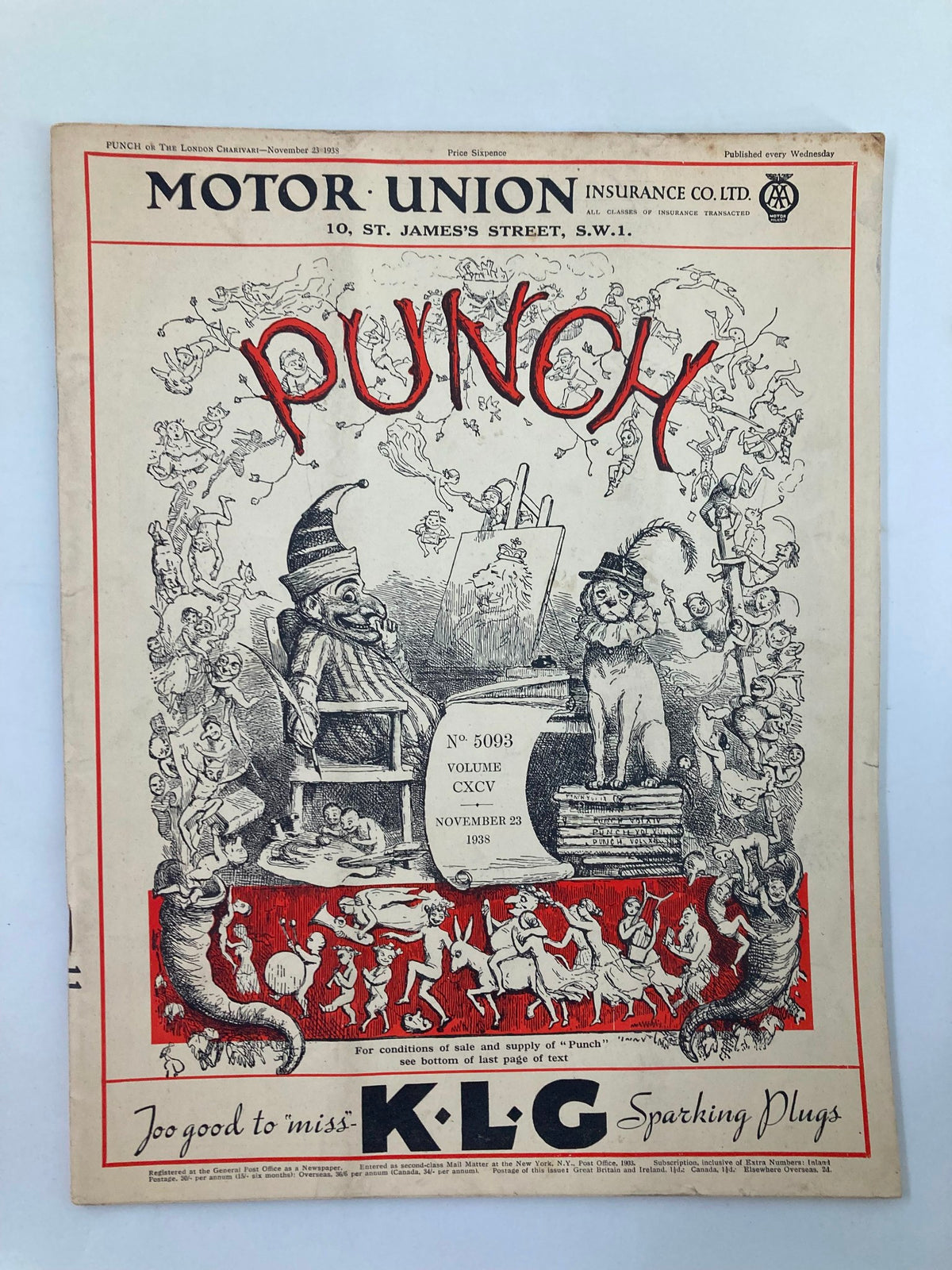 VTG Punch Magazine November 23 1938 cover featuring vibrant illustrations and the title 'PUNCH' along with details like issue number 5093 and volume CXCV.