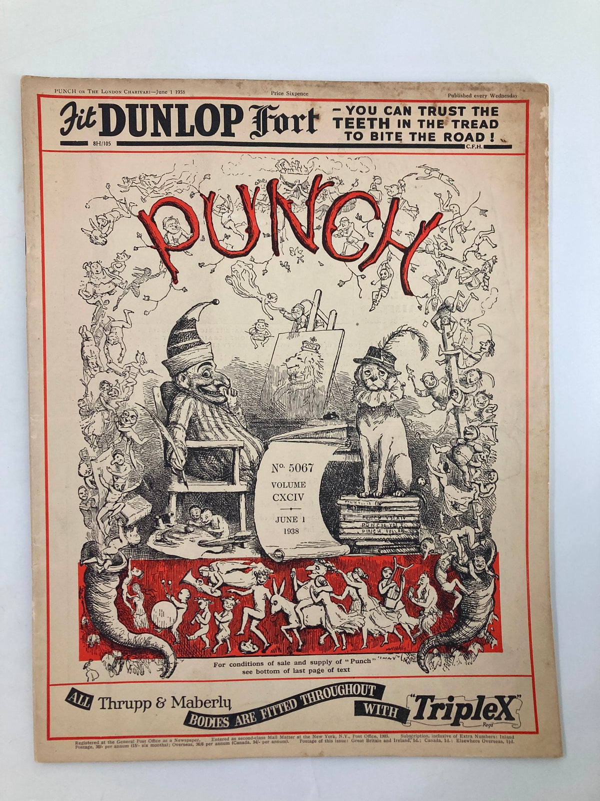 VTG Punch Magazine June 1 1938, Issue #5067, Volume 194, featuring vibrant cartoons and satirical illustrations from the WWII era, showcasing humorous artistry and historical significance.