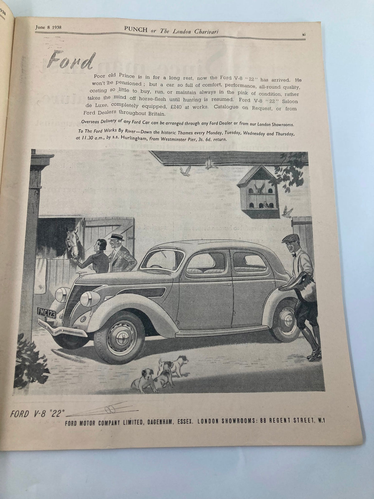Vintage Punch Magazine June 8, 1938, featuring an advertisement for the Ford V-8 '22', showcasing a car with a man and two dogs, highlighting its comfort and performance during WWII era.