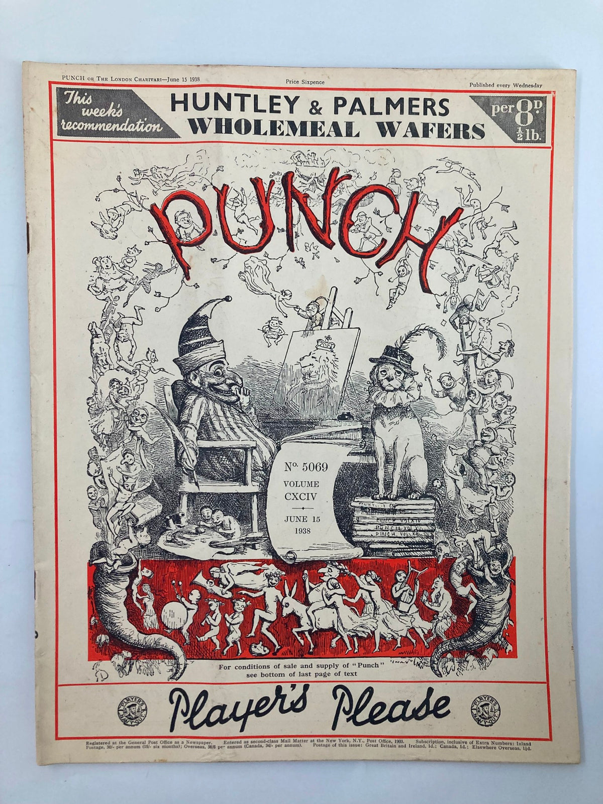 VTG Punch Magazine June 15 1938 Cover featuring whimsical illustrations and humorous artwork from the WWII era, Vol 194, Issue #5069, showcasing a mix of satire and cultural commentary.