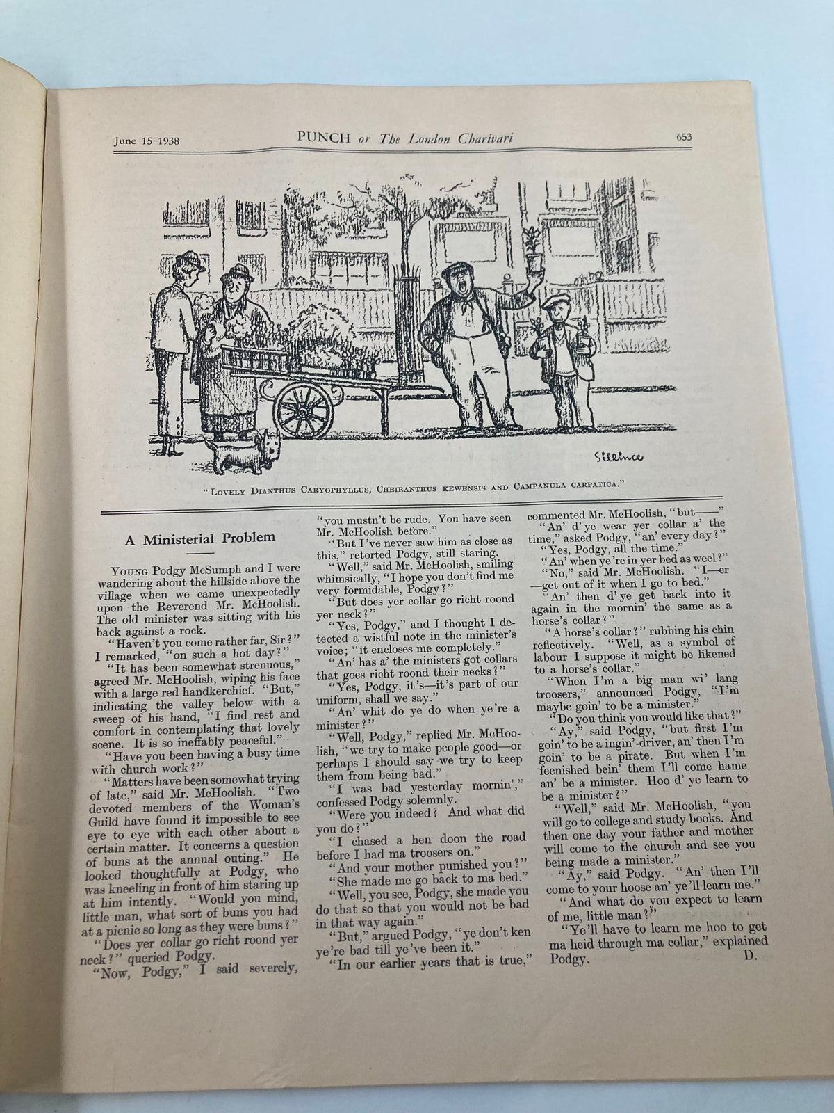 Interior page of the VTG Punch Magazine June 15 1938, displaying a cartoon titled 'A Ministerial Problem' with characters and dialogue typical of the humor found in vintage magazines.