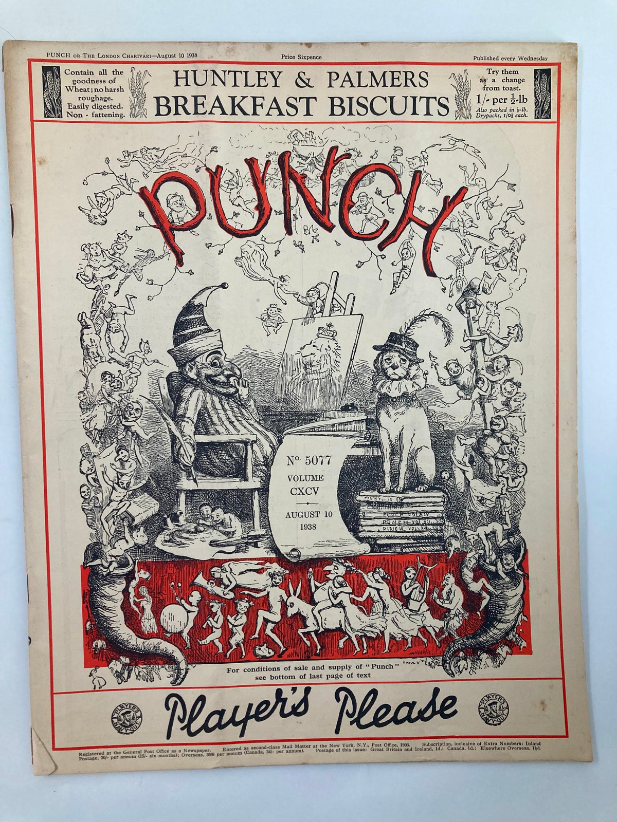 VTG Punch Magazine August 10 1938 #5077 Vol 195 cover featuring humorous illustrations and the title 'Punch'. This vintage magazine showcases WWII cartoons and satire in good condition.