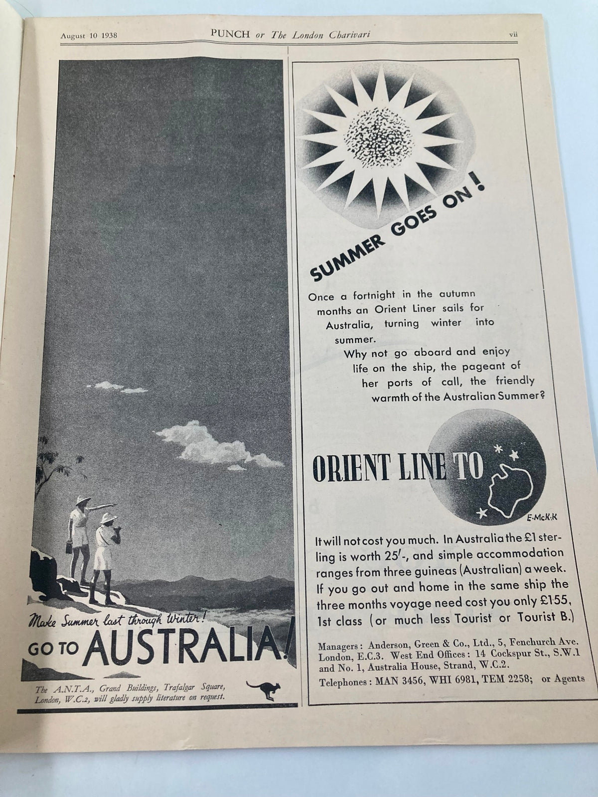Inside page of VTG Punch Magazine August 10 1938 #5077 featuring an advertisement for travel to Australia with a scenic design. This page highlights the magazine's historical context and advertising art style.